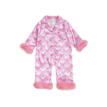 (18-24 Months, Pink) Piżama dziewczęca na Halloween z mankietami piór, z nadrukiem dyni i ducha, z długimi rękawami, idealna do spania