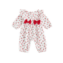 (9-12 Months, White) Kislány őszi overál cseresznyemintás hosszú ujjú, kerek nyakú, fodros, masni díszítésű jumpsuit