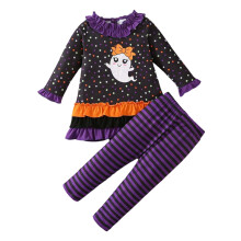 (1-2 Years, Lavender) Halloween-Kleidungsset für Kleinkinder, langärmliges Rüschenoberteil mit Geistern und gestreifte Hose (2-teilig)