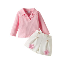 (6-12 Months, Pink) Zweiteiliges Outfit für Kleinkindermädchen: Geripptes Langarmshirt und Shorts mit Blumenmuster