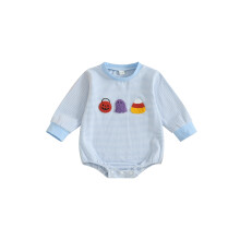 (12-18 Months, Blue) Baba Halloween Romper Hosszú Ujjú, Kerek Nyakú, Csíkos Nyomtatott Body Újszülött Romper
