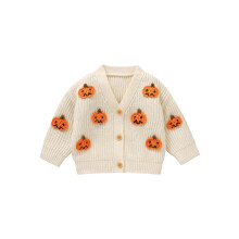 (2-3 Years, White) Gilets tricotés pour bébés et tout-petits, pulls à manches longues col en V, broderie citrouille Halloween