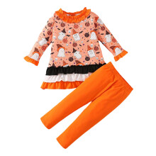 (7-8 Years, Orange) Halloween-Kleidungsset für Kleinkinder, langärmliges Rüschenoberteil mit Geistern und gestreifte Hose (2-teilig)