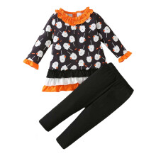 (4-5 Years, Black) Halloween-Kleidungsset für Kleinkinder, langärmliges Rüschenoberteil mit Geistern und gestreifte Hose (2-teilig)