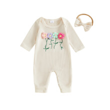 (12-18 Months, Beige) Mono de otoño para bebé niña con estampado floral 3D, manga larga, cuello redondo y diadema con lazo.