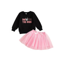 (18-24 Months, Black) Kislány születésnapi jelmez, betűmintás, hosszú ujjú pulóver tüll mini A-vonalú szoknyával, 2 db-os szett