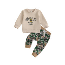 (18-24 Months, Khaki) Batolecí chlapeček, zimní oblečení, mikina s dlouhým rukávem a potiskem sobů, maskáčové tepláky, 2 kusy