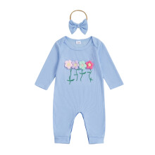 (0-3 Months, Blue) Mono de otoño para bebé niña con estampado floral 3D, manga larga, cuello redondo y diadema con lazo.