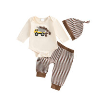 (0-3 Months, Beige) Podzimní oblečení pro chlapečka, truck, rugby, dlouhý rukáv, pruhované kalhoty a čepice, 3dílný outfit