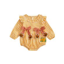 (12-18 Months, Yellow) Mono de bebé niña a cuadros con apliques de pavo, volantes y mangas largas, con lazos. Ropa adorable para otoño.