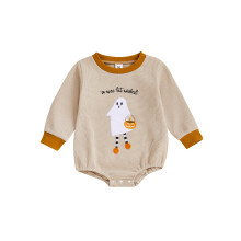 (3-6 Months, White) Mono de bebé con sudadera y cuello redondo, bordado de calabaza y letras de Halloween.