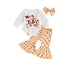 (6-12 Months, Orange) 3-teiliges Set für Babys und Mädchen: Langarm-Strampler mit Buchstabenprint, karierter Schlaghose und Stirnband