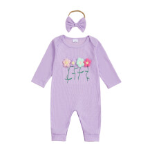 (3-6 Months, Purple) Mono de otoño para bebé niña con estampado floral 3D, manga larga, cuello redondo y diadema con lazo.