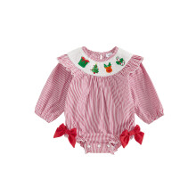 (6-12 Months, Red) Mono de bebé niña con rayas navideñas, bordado de árbol y ciervo, manga larga y cuello redondo.