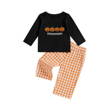 (3-4 Years, Orange) Halloweenský outfit pro batolata a mikinu s vyšívaným dýňovým písmenem a kostkovanými kalhotami, sada 2 kusů