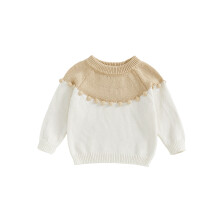 (18-24 Months, Beige) Baby-Mädchen-Pullover, langärmelig, Rundhalsausschnitt, kontrastfarben, warm, Winter, Strickpullover, Babykleidung