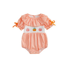 (0-3 Months, Orange) Mono de bebé niña con bordado de calabaza, manga corta, cuello de muñeca, pelele a cuadros, ideal para Halloween.