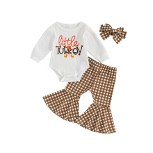 (6-12 Months, Brown) 3-teiliges Set für Babys und Mädchen: Langarm-Strampler mit Buchstabenprint, karierter Schlaghose und Stirnband