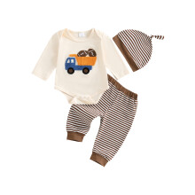(6-12 Months, Beige) Podzimní oblečení pro chlapce a dívky, fotbalový náklaďák, vyšívaný rukáv a pruhované kalhoty, sada 3 ks