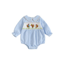 (6-12 Months, Blue) Mono de bebé niña de Acción de Gracias, manga larga, bordado de pavo, body a cuadros, conjunto para recién nacida.
