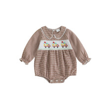 (0-3 Months, Khaki) Mono de bebé niña de Acción de Gracias, manga larga, bordado de pavo, body a cuadros, conjunto para recién nacida.