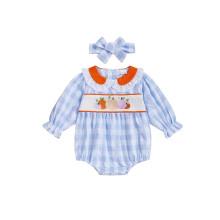 (0-3 Months, Blue) Combinaison d'Halloween pour bébé fille, à carreaux, broderie citrouille, manches longues, col poupée et bandeau.