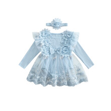 (3-6 Months, Blue) Ensemble bébé fille : barboteuse en tulle manches longues, col rond, fleurs brodées, avec bandeau nœud.