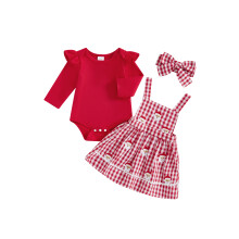 (12-18 Months, Red) Ensemble 3 pièces bébé fille : barboteuse manches longues, robe débardeur Noël brodée et bandeau.