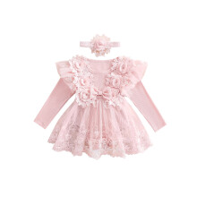 (3-6 Months, Pink) Ensemble bébé fille : barboteuse en tulle manches longues, col rond, fleurs brodées, avec bandeau nœud.