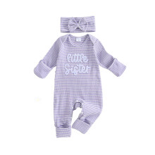 (3-6 Months, Purple) Combinaison bébé fille brodée de lettres, manches longues, col rond, rayures, bandeau inclus.