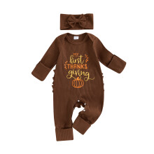 (0-3 Months, Coffee) Ensemble 2 pièces bébé fille : barboteuse manches longues lettres + bandeau. Vêtements nouveau-né.