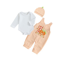 (12-18 Months, Orange) Chlapecké oblečení, módní overal s dlouhým rukávem, dýňová výšivka, kostkované overaly s čepicí, 3 kusy