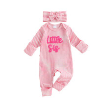 (Newborn, Pink) Combinaison bébé fille brodée de lettres, manches longues, col rond, rayures, bandeau inclus.