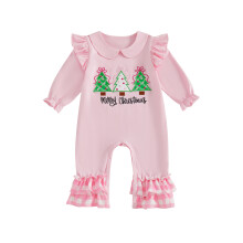 (3-6 Months, Pink) Combinaison de Noël pour bébé fille, manches longues, col poupée, broderie sapin de Noël