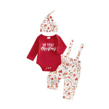 (9-12 Months, Red) Vánoční overal pro chlapečky, dlouhé rukávy, O výstřih, potisk perníku, kalhoty se šlemi a čepice.