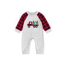 (3-6 Months, Gray) Weihnachtsstrampler für Babys und Kleinkinder, lässig, mit LKW-Stickerei, kariert, langärmelig, süßes Outfit