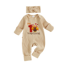 (3-6 Months, Apricot) Ensemble 2 pièces bébé fille : barboteuse manches longues lettres + bandeau. Vêtements nouveau-né.