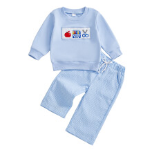 (6-12 Months, Blue) 2-teiliges Herbstoutfit für Jungen: Langarm-Sweatshirt mit Apfelstickerei + Hose – perfekt für den Schulanfang