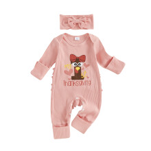 (3-6 Months, Pink) Ensemble 2 pièces bébé fille : barboteuse manches longues lettres + bandeau. Vêtements nouveau-né.