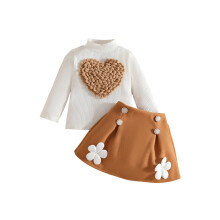 (9-12 Months, Khaki) Ensemble pour petite fille : haut à manches longues avec col en cœur et jupe trapèze courte à fleurs 3D.