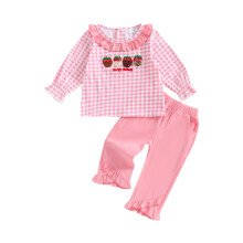 (6-12 Months, Pink) Ensemble 2 pièces fille : haut longs + pantalon à carreaux brodé de fraises et volants.