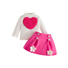 (9-12 Months, Magenta) Ensemble pour petite fille : haut à manches longues avec col en cœur et jupe trapèze courte à fleurs 3D.