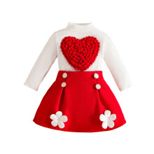 (3 Years, Red) Ensemble pour petite fille : haut à manches longues avec col en cœur et jupe trapèze courte à fleurs 3D.