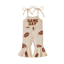 (6-12 Months, Khaki) Combinaison bébé fille pattes d'éléphant, broderie lettres, imprimé rugby, sans manches, bretelles nouées