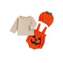 (6-12 Months, Orange) Ensemble 3 pièces bébé : barboteuse citrouille, haut manches longues uni et chapeau, parfait pour Halloween.
