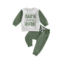 (6-12 Months, Green) Chlapecké podzimní 2dílné kalhotové sady s dlouhým rukávem, O-výstřih a potisk písmen.