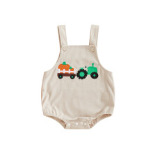 (3-6 Months, Ivory) Ärmelloser Baby-Strampler mit modischer Halloween-Kürbis- und Traktorstickerei, eckiger Ausschnitt