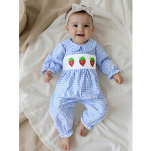 (6-12 Months, Blue) Combinaison à carreaux pour bébé fille, broderie fraise, col poupée, manches longues, mode nouveau-né
