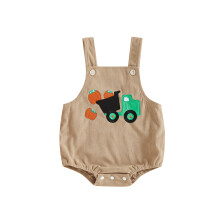 (3-6 Months, Khaki) Ärmelloser Baby-Strampler mit modischer Halloween-Kürbis- und Traktorstickerei, eckiger Ausschnitt
