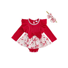 (6-9 Months, Red) Ensemble Noël 2 pièces pour bébé fille : barboteuse à manches longues, volants et bandeau à nœud.